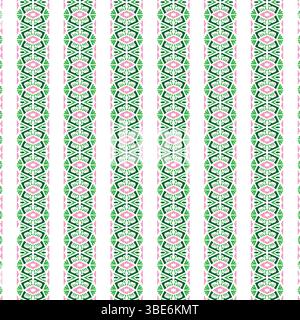 Seamless vertical stripe pattern with pink and green geometric designs on white background Stock Vector