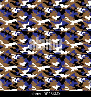 Abstract camouflage pattern in blue brown and white seamless repeat design Stock Vector