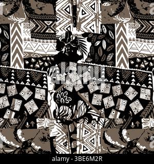 Abstract tribal print design featuring geometric patterns and floral motifs in brown and white Stock Vector