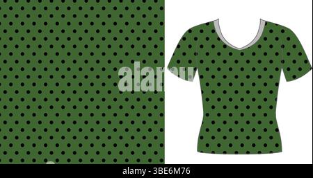 Dark green t shirt design with small black polka dots seamless pattern Stock Vector