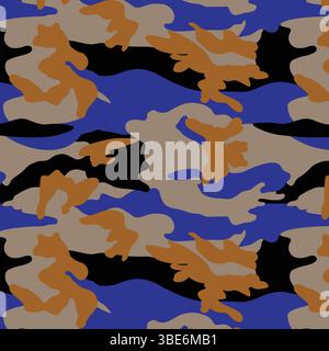 Abstract camouflage pattern in blue orange black and gray seamless repeat design Stock Vector