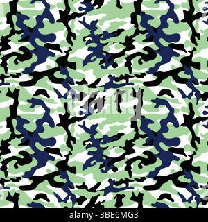 Abstract camouflage pattern in green blue and white seamless repeat design Stock Vector