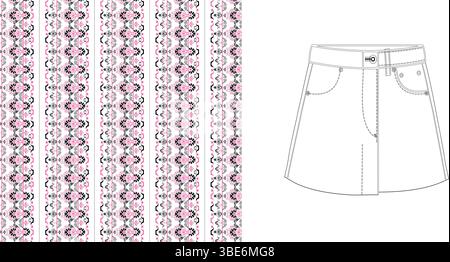 Embroidered denim mini skirt design featuring pink and black vertical stripes textile pattern Stock Vector