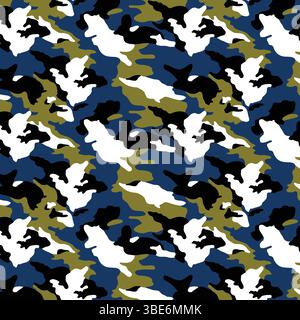 Abstract navy blue white olive green black camouflage pattern seamless repeat design Stock Vector