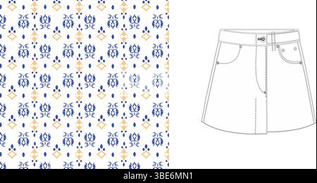 Denim mini skirt design featuring a blue and orange geometric pattern Stock Vector