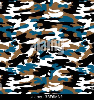 Abstract camouflage pattern in teal brown black and white seamless repeat design Stock Vector