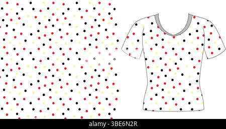 Polka dot t shirt design featuring red black and yellow dots on white background Stock Vector