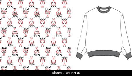 White crewneck sweatshirt design with repeating red and black geometric pattern Stock Vector
