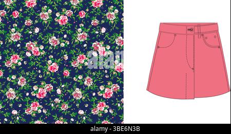 Coral denim mini skirt design featuring a delicate floral print fabric Stock Vector