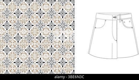 A line denim skirt design featuring a geometric beige and blue tile pattern Stock Vector