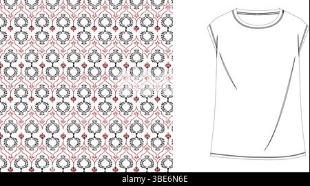 Red and black damask pattern on white background for women s sleeveless t shirt design Stock Vector