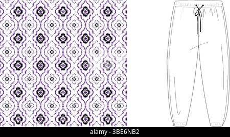 A technical drawing showcases sweatpants featuring a repeating purple and black geometric pattern. The design is shown alongside a fabric swatch with Stock Vector