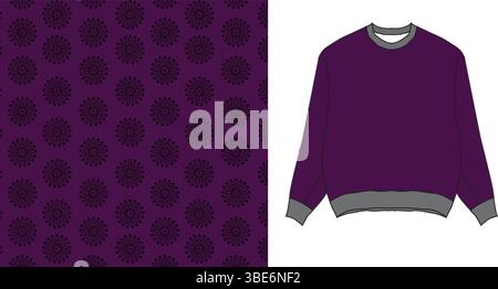 Purple sweatshirt design with dark floral mandala pattern repeat Stock Vector