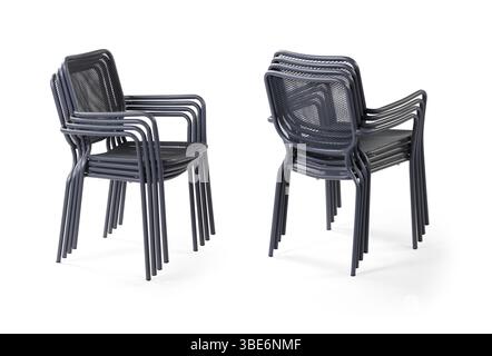 chairs stacked on top of each other. different angle . isolated on white background . Stock Photo