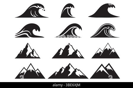 Wave and Mountain Vector Icons – Nature Silhouette Illustrations Collection Stock Vector