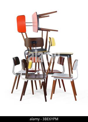 chairs stacked on top of each other. different angle . isolated on white background . Stock Photo