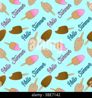 Delicate cartoon seamless Hello Summer pattern with cute colorful ice cream on a stick on blue background. For Summertime, food, dessert, and refreshi Stock Vector