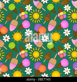 Seamless summer pattern with cartoon illustration of ice cream in waffle cone and on stick, sun and daisy flowers on green background. For Summertime Stock Vector
