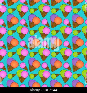Seamless summer pattern with cute vector illustration of cartoon colorful ice cream waffle cones on a blue background. For Summertime, and refreshing Stock Vector