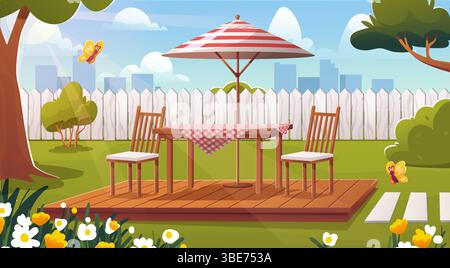 Backyard with terrace. Wooden table and chairs under patio umbrella. Yard and garden. Furnished exterior for relaxation outside. Comfort and coziness Stock Vector