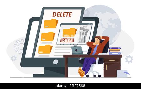 Man deleting files. Young guy deletes folders with files. Storage space management. Electronic archive or server. Person cleaning hard disc. Flat Stock Vector