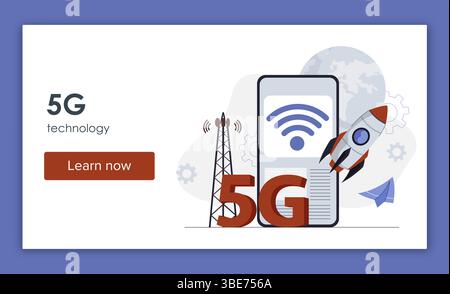 5g technology landing page. Tower near smartphone and rocket. Wireless internet connection. Modern technologies and innovations. Poster or banner for Stock Vector