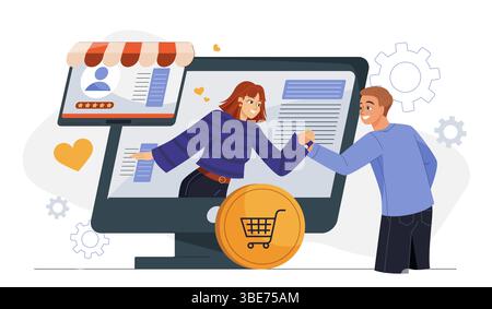 Interactive shop engagement concept. Man and woman shake hands through computer screen. Online shopping and electronic commerce. Marketing on internet Stock Vector
