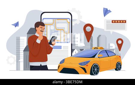 Intelligent transportation system. Man with smartphone near yellow automobile. Modern technologies and innovations. Transport management system. Flat Stock Vector