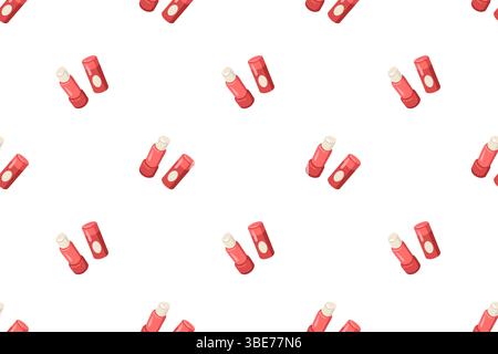 Seamless pattern with pink lip balm on white background. Cartoon vector illustration of moisturizing lipstick Stock Vector