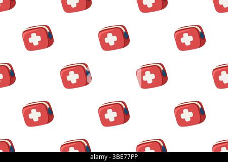 Seamless pattern with red cartoon first aid kits on white background. Medical emergency travel bag illustration Stock Vector