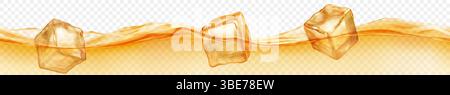 Three translucent ice cubes floating in water with waves, isolated on transparent background. Horizontal banner in yellow colors. Transparency only in Stock Vector