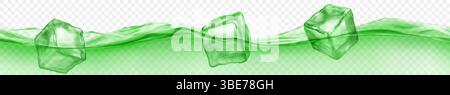Three translucent ice cubes floating in water with waves, isolated on transparent background. Horizontal banner in green colors. Transparency only in Stock Vector