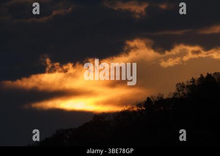 A cloudy sunrise over a forest in silhouette. Kanagawa, Japan. Stock Photo