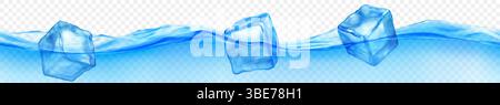 Three translucent ice cubes floating in water with waves, isolated on transparent background. Horizontal banner in light blue colors. Transparency onl Stock Vector