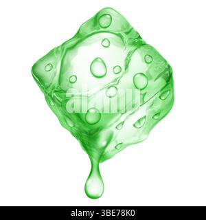 Large realistic translucent ice cube in green colors with water drops running down it, isolated on a white background. Transparency only in vector for Stock Vector