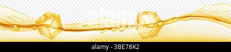 Three translucent ice cubes floating in water with waves, isolated on transparent background. Horizontal banner in yellow colors. Transparency only in Stock Vector