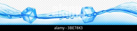 Three translucent ice cubes floating in water with waves, isolated on transparent background. Horizontal banner in light blue colors. Transparency onl Stock Vector