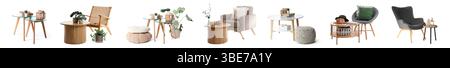 Set of armchairs, poufs and tables on white background Stock Photo
