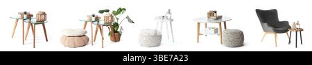 Set of coffee tables, armchair and poufs on white background Stock Photo