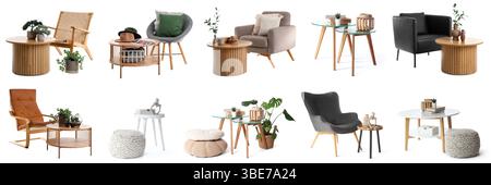 Set of armchairs, poufs and tables on white background Stock Photo