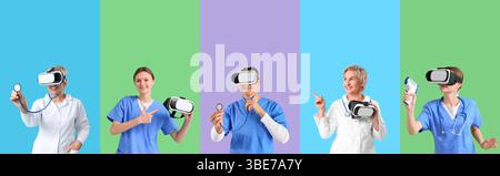 Set of doctors with VR glasses on color background Stock Photo