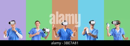 Set of doctors with VR glasses on color background Stock Photo