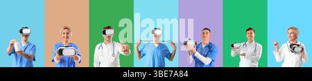 Set of doctors with VR glasses on color background Stock Photo