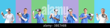 Set of doctors with VR glasses on color background Stock Photo