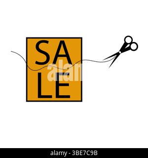 Sale banner icon. Scissors cutting line. Orange square background. Vector promotion symbol. Stock Vector