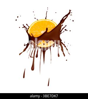 Chocolate splash with juicy orange in air on white background Stock Photo