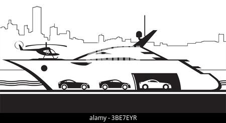 Luxury cars enter a yacht at a port – vector illustration Stock Vector