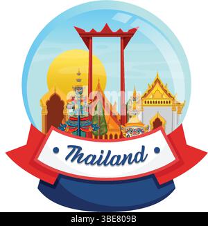 Vector illustration of iconic Thai landmarks within a snow globe. Vibrant colors and detailed design capture cultural essence Stock Vector