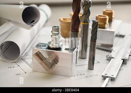 Precision metalworking tools and components arranged on detailed technical drawings, highlighting the connection between design and manufacturing in e Stock Photo