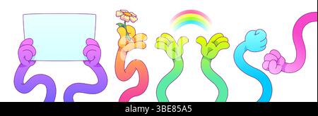 Flexible colorful cartoon hands showing gestures and holding objects - empty placard and flower, making rainbow and playing rock paper scissors game with keeping fists. Stretchy bendy rubber arms Stock Vector